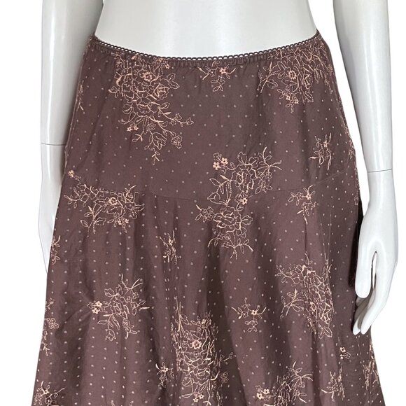 Vintage Y2K 100% Cotton Brown Embroidered Floral Midi Skirt Boho Girlhood XS/S - Picture 6 of 10